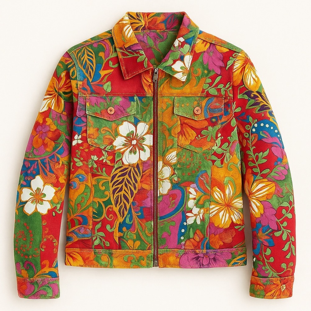 Coldwater Creek Womens Y2K Retro Multi Hibiscus Patchwork Zip Jacket EUC L #2113 - Picture 4 of 11